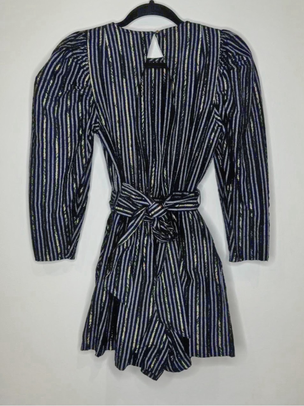 Ulla Johnson Black Metallic Striped Romper with Tie Waist and Pockets Size 4